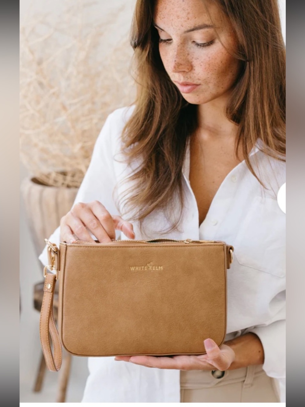 White Elm Ara Convertible Crossbody Clutch in almond Boho Minimalist Neutral